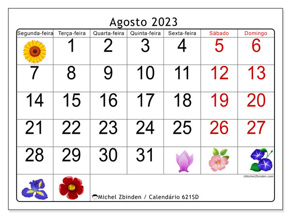 621SD, Agosto de 2023 calendário, para impressão, grátis.