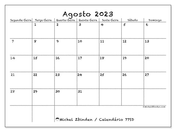 77SD, Agosto de 2023 calendário, para impressão, grátis.