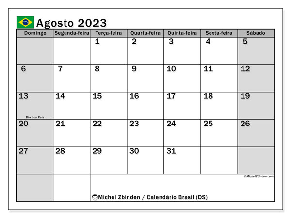 Kalendarz sierpień 2023, Brazylia (PT). Darmowy program do druku.