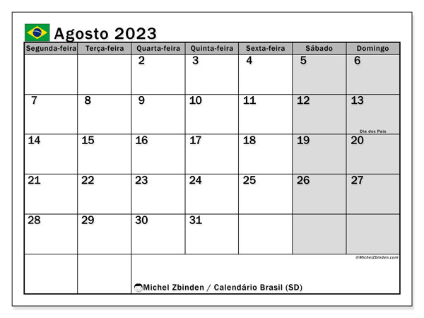Calendário para imprimir, Agosto 2023, Brasil (SD)