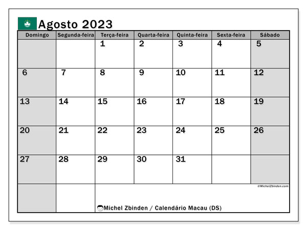 Calendário para imprimir, agosto de 2023, Macau (DS)
