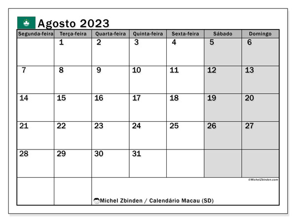 Calendar August 2023, Macau (PT). Free printable program.