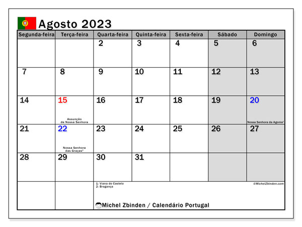 Calendrier août 2023, Portugal (PT), prêt à imprimer et gratuit.