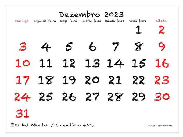 Calendário Dezembro 2023 “46”. Mapa gratuito para impressão.. Domingo a Sábado
