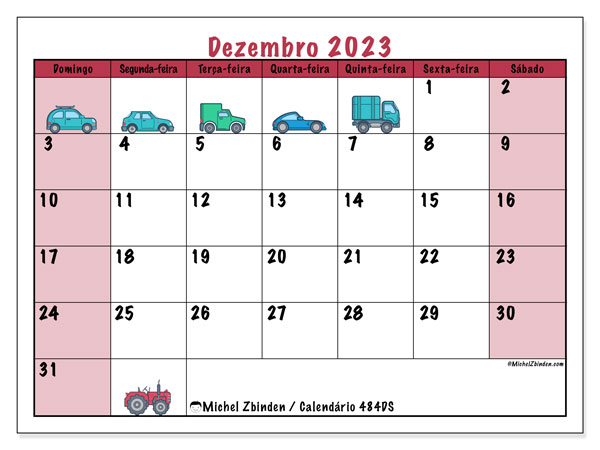 Calendário Dezembro 2023 “484”. Horário gratuito para impressão.. Domingo a Sábado