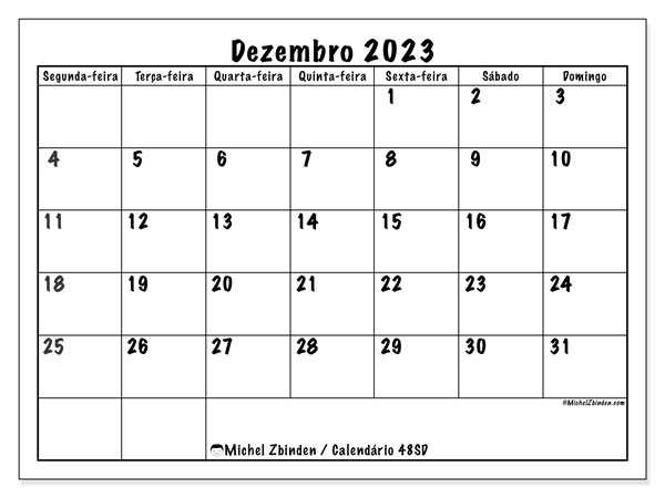 Calendário Dezembro 2023, 48SD. Mapa gratuito para impressão.