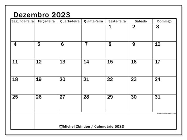 Calendário Dezembro 2023 “50”. Mapa gratuito para impressão.. Segunda a domingo