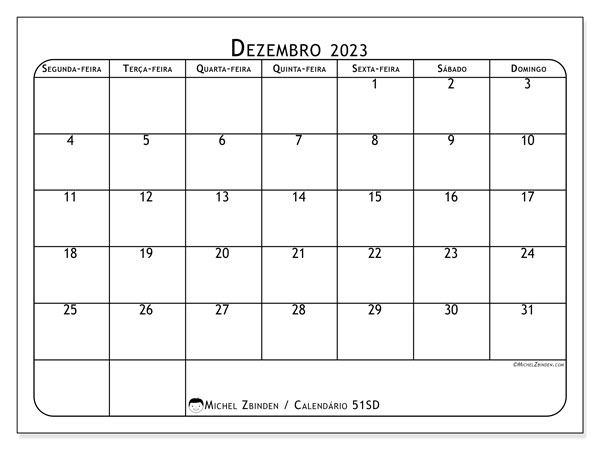 Calendário de décembre de 2023 para imprimir. Calendário mensal “51SD” e agenda imprimível livre