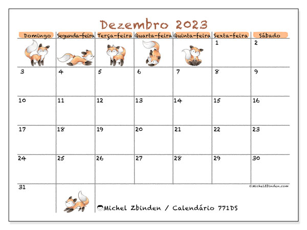 Calendário Dezembro 2023 “771”. Horário gratuito para impressão.. Domingo a Sábado