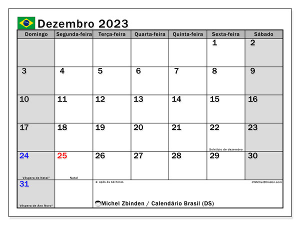 Kalender december 2023 “Brasilien”. Gratis kalender som kan skrivas ut.. Söndag till lördag