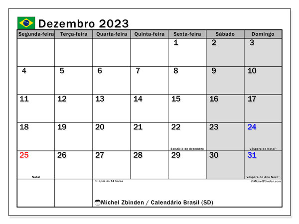 Kalender december 2023 “Brasilien”. Gratis kalender som kan skrivas ut.. Måndag till söndag