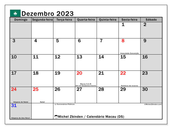 Calendário para imprimir, Dezembro 2023, Macau (DS)