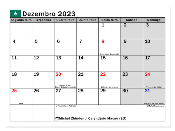 Kalender Dezember 2023, Macau (PT). Programm zum Ausdrucken kostenlos.