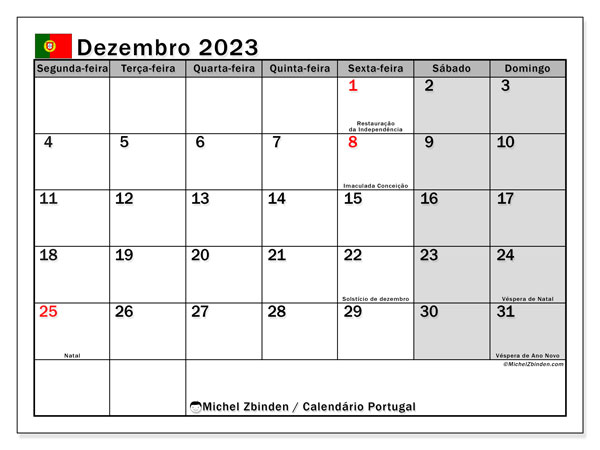 Kalender Dezember 2023, Portugal (PT). Programm zum Ausdrucken kostenlos.