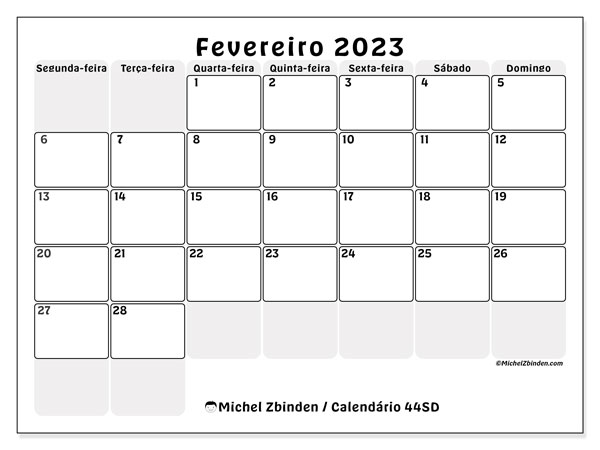 Calendário para imprimir, Fevereiro 2023, 44SD