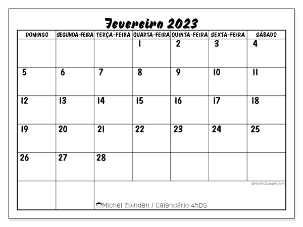 Calendário para imprimir, Fevereiro 2023, 45DS