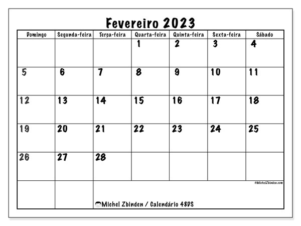 Calendário para imprimir, fevereiro 2023, 48DS