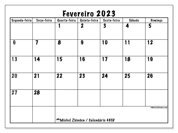 Calendário de fevereiro de 2023 para imprimir. Calendário mensal “48SD” e programa para imprimir grátis
