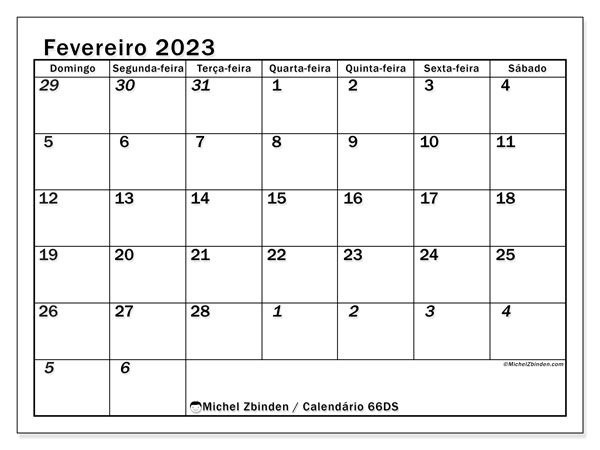 Calendário para imprimir, fevereiro 2023, 501DS