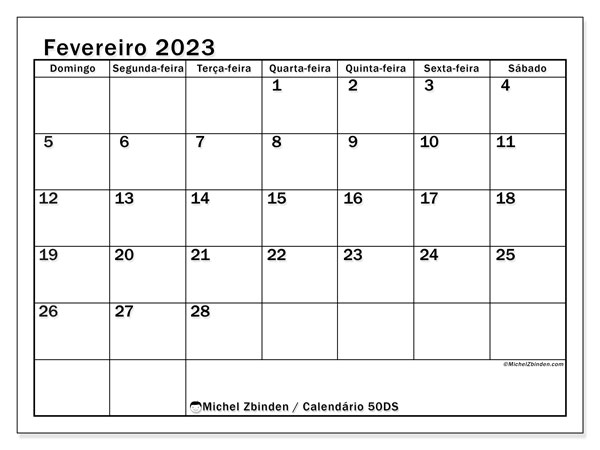 50DS, calendário de fevereiro de 2023, para impressão, grátis.