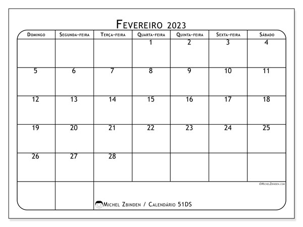 Calendário para imprimir, fevereiro 2023, 51DS