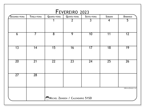 Calendário para imprimir, fevereiro 2023, 51SD