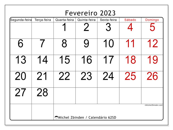 Calendário de fevereiro de 2023 para imprimir. Calendário mensal “62SD” e horário para imprimir grátis
