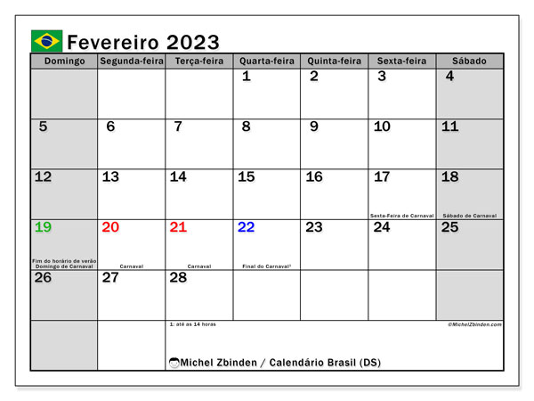 Calendário para imprimir, fevereiro de 2023, Brasil (DS)