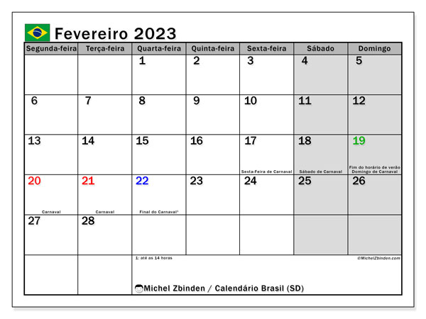 Calendário para imprimir, Fevereiro 2023, Brasil (SD)