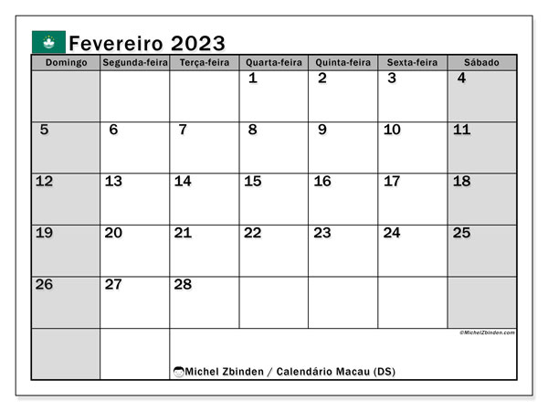 Calendário para imprimir, fevereiro de 2023, Macau (DS)