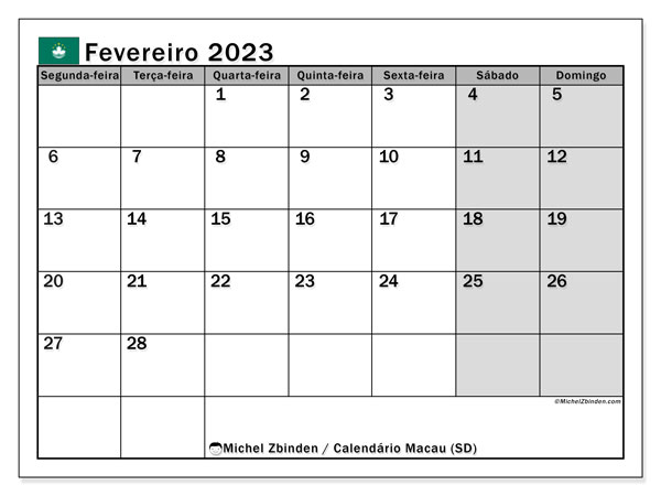 Macau (SD), Fevereiro de 2023 calendário, para impressão, grátis.
