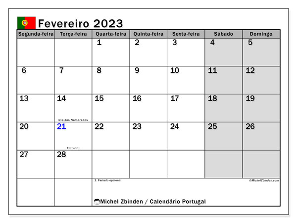 Calendário para imprimir, fevereiro de 2023, Portugal