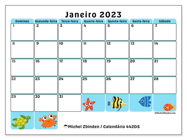 Calendário de janeiro de 2023 para imprimir. Calendário mensal “442DS” e horário para imprimir grátis