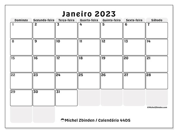44DS, calendário de janeiro de 2023, para impressão, grátis.