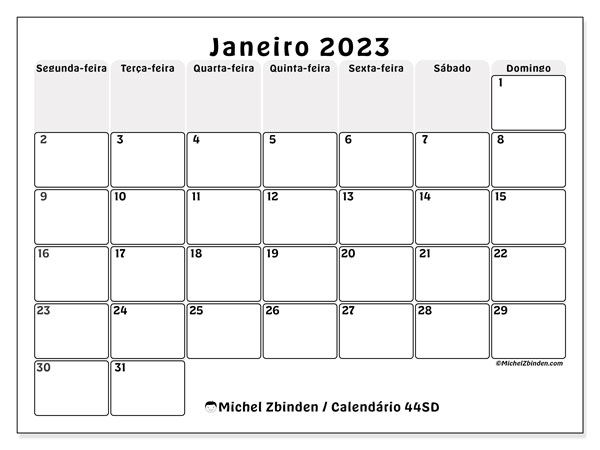 Calendário de janeiro de 2023 para imprimir. Calendário mensal “44SD” e planejamento imprimível livre
