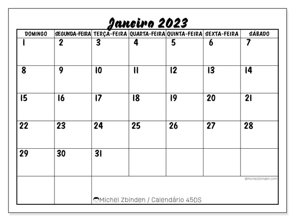 Calendário para imprimir, Janeiro 2023, 45DS