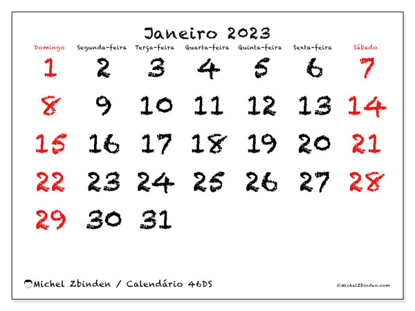 46DS, calendário de janeiro de 2023, para impressão, grátis.
