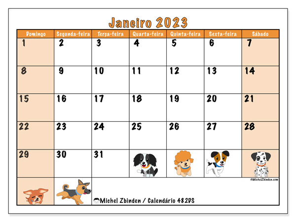 Calendário de janeiro de 2023 para imprimir. Calendário mensal “482DS” e planejamento imprimível livre