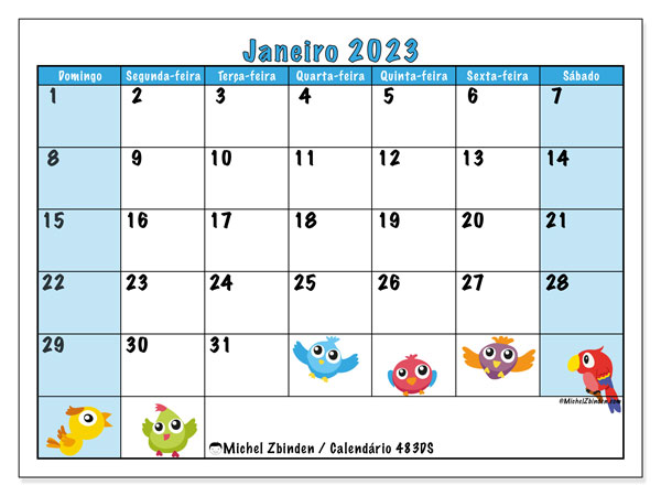 Calendário de janeiro de 2023 para imprimir. Calendário mensal “483DS” e planejamento imprimível livre