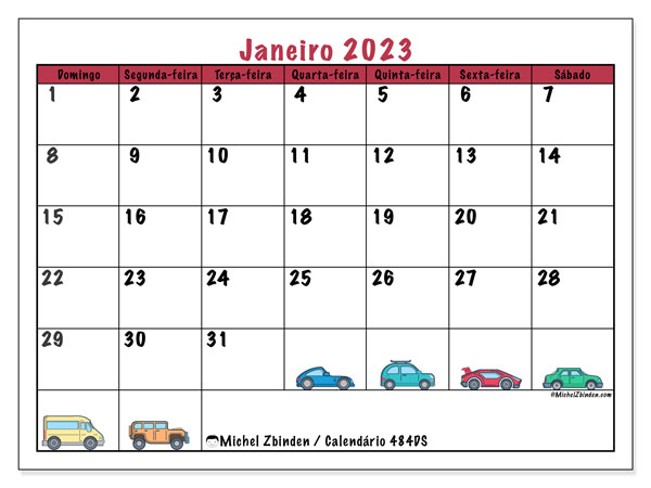 484DS, calendário de janeiro de 2023, para impressão, grátis.
