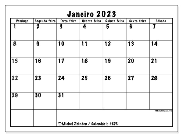 Calendário para imprimir, janeiro 2023, 48DS