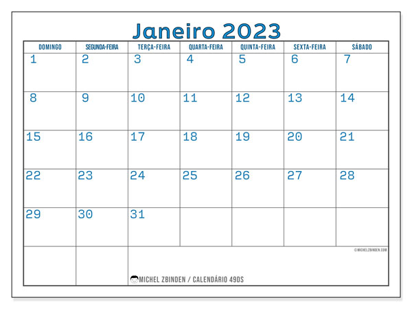 Calendário para imprimir, Janeiro 2023, 49DS