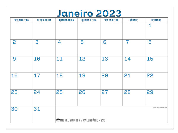 49SD, Janeiro de 2023 calendário, para impressão, grátis.