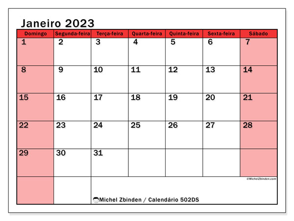 Calendário de janeiro de 2023 para imprimir. Calendário mensal “502DS” e cronograma para imprimir grátis