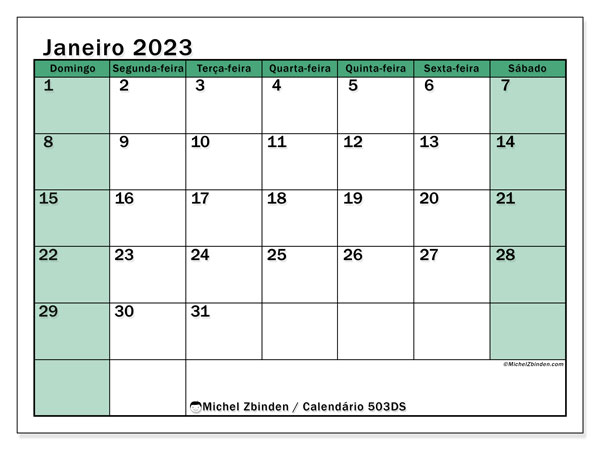 Calendário de janeiro de 2023 para imprimir. Calendário mensal “503DS” e planejamento imprimível livre
