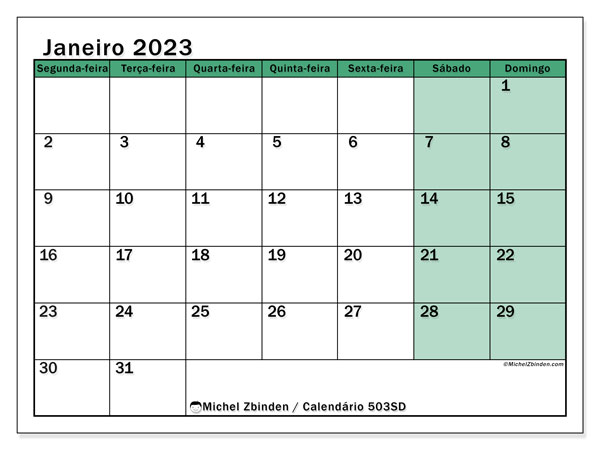 Calendário de janeiro de 2023 para imprimir. Calendário mensal “503SD” e cronograma para imprimir grátis