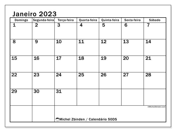 Calendário de janeiro de 2023 para imprimir. Calendário mensal “50SD” e planejamento para imprimir grátis