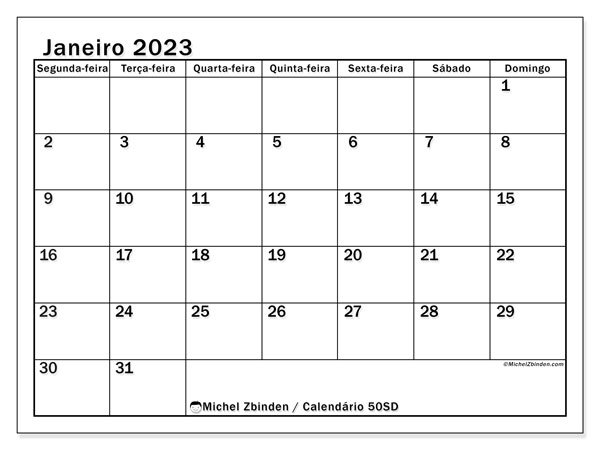 50SD, Janeiro de 2023 calendário, para impressão, grátis.
