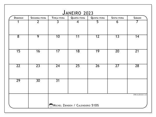 Calendário para imprimir, janeiro 2023, 51DS