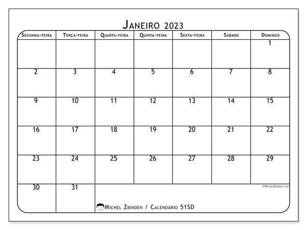 51SD, Janeiro de 2023 calendário, para impressão, grátis.